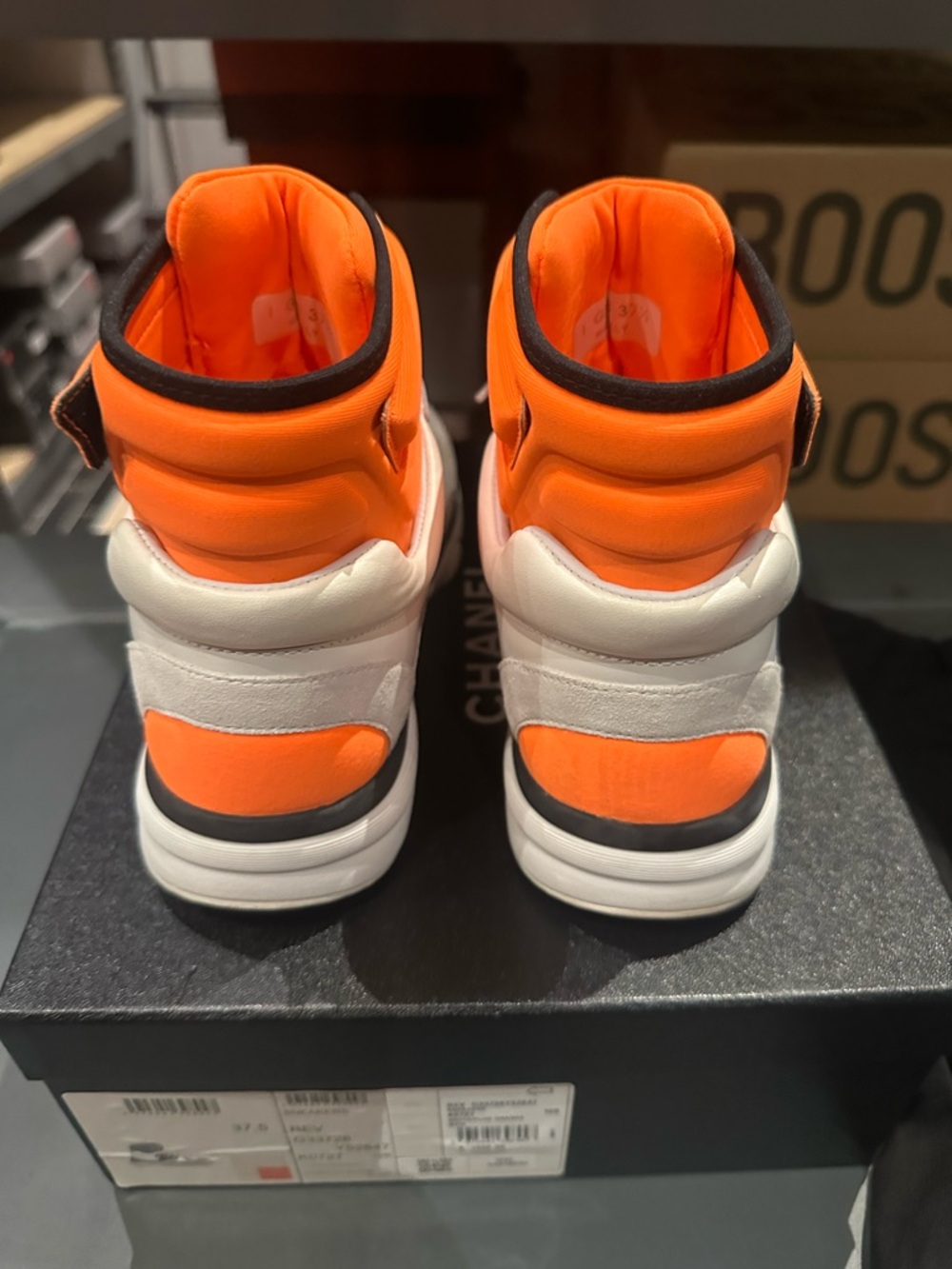 CHANEL Neon Orange and White CC Logo High-Top Sneakers - Picture 7 of 10